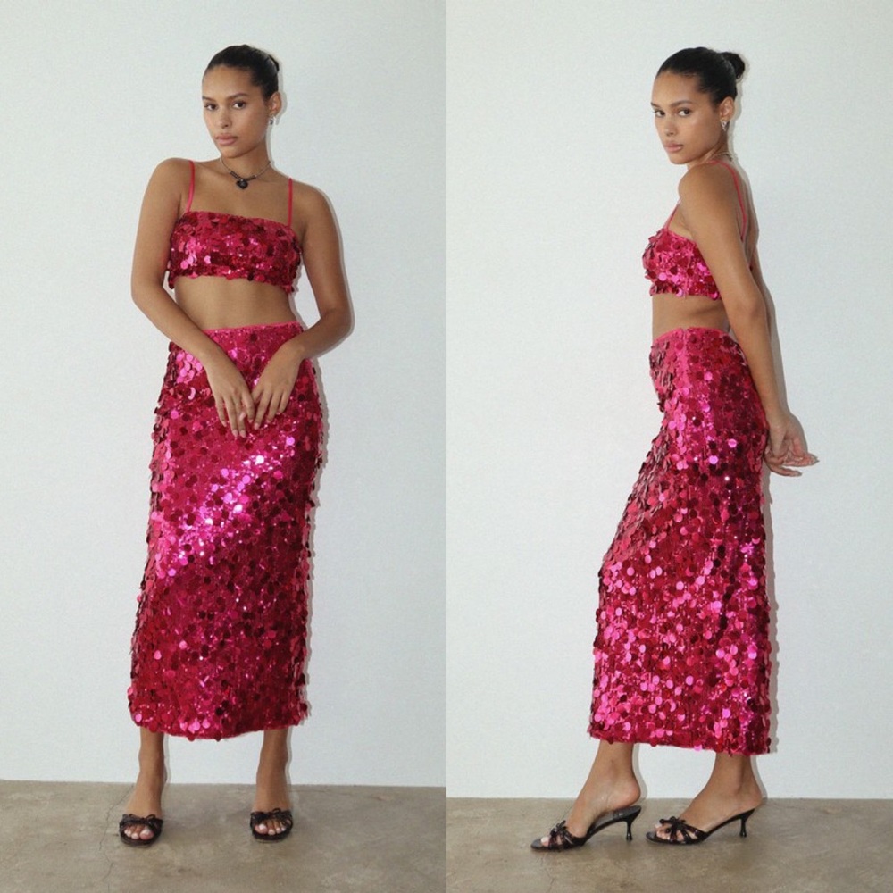 Fuchsia Sequin Two-Piece Midi Dress